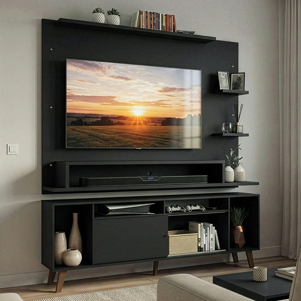 Rack com Painel para TV até 60 Polegadas 180 cm com Pés Preto/Rustic Cancun Madesa