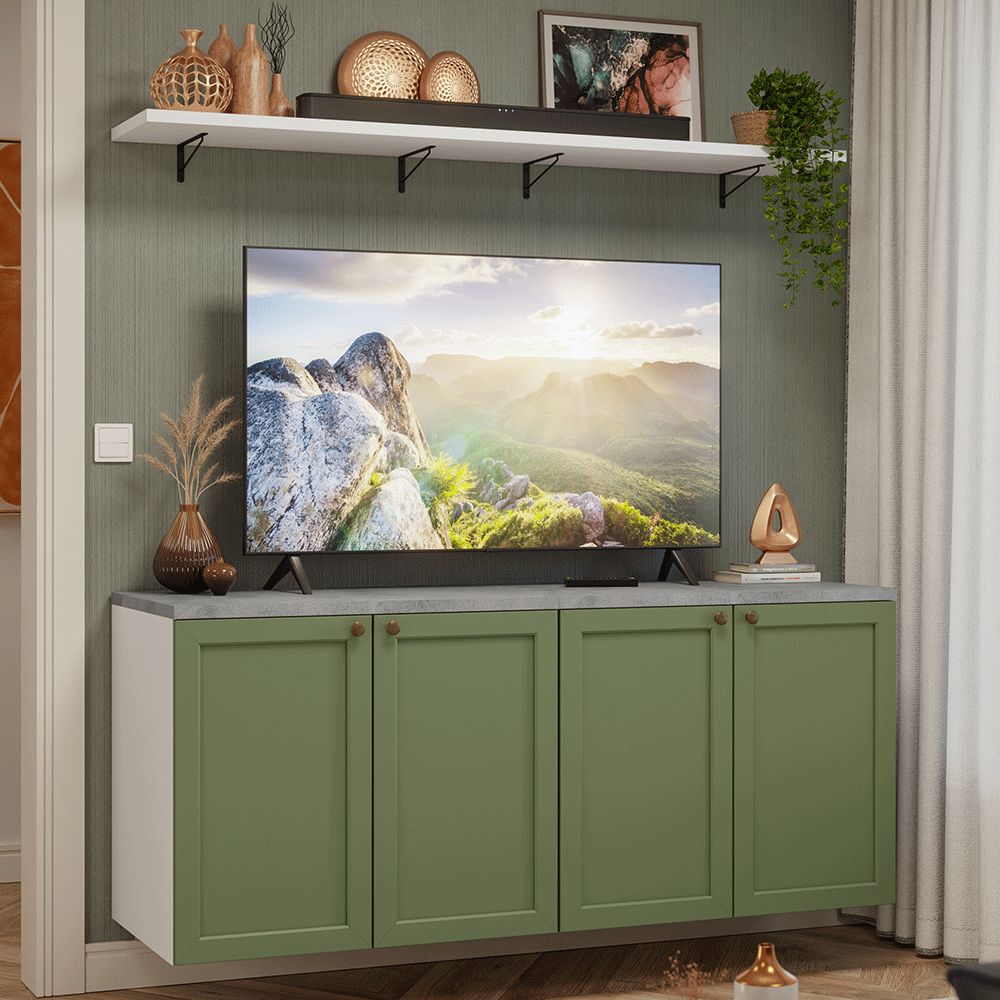 Rack para TV até 70 Polegadas + Prateleiras 160cm Branco/Verde Vik Madesa 05