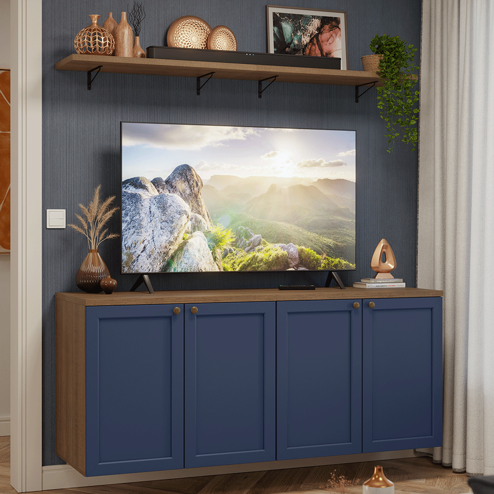 Rack para TV até 70 Polegadas + Prateleiras 160cm Rustic/Azul Vik Madesa 05