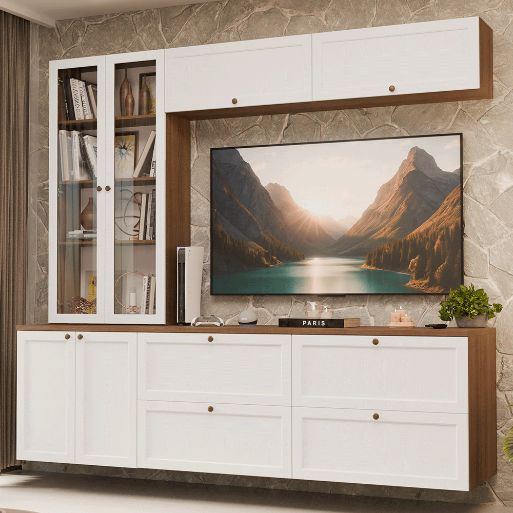 Estante Sala de Estar com Rack + Cristaleira 230cm Rustic/Branco Vik Madesa 01