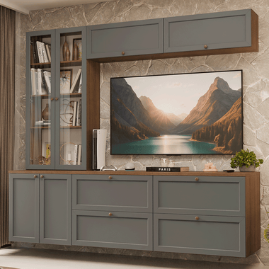 Estante Sala de Estar com Rack + Cristaleira 230cm Rustic/Cinza Vik Madesa 01