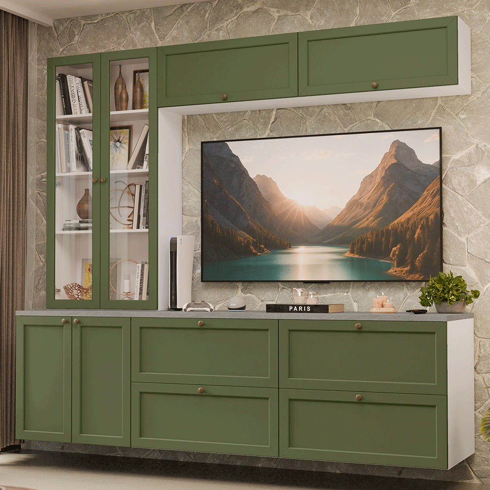 Estante Sala de Estar com Rack + Cristaleira 230cm Branco/Verde Vik Madesa 01