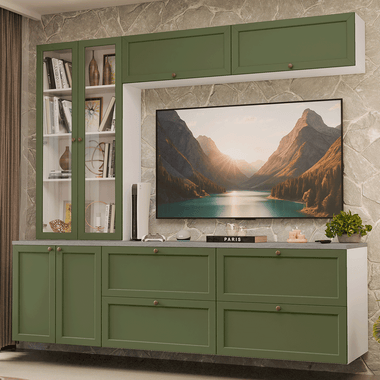 Estante Sala de Estar com Rack + Cristaleira 230cm Branco/Verde Vik Madesa 01