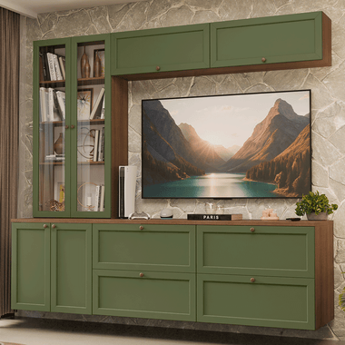Estante Sala de Estar com Rack + Cristaleira 230cm Rustic/Verde Vik Madesa 01