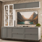 Estante Sala de Estar com Rack + Cristaleira 230cm Branco/Cinza/Branco Vik Madesa 01