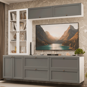 Estante Sala de Estar com Rack + Cristaleira 230cm Branco/Cinza/Branco Vik Madesa 01