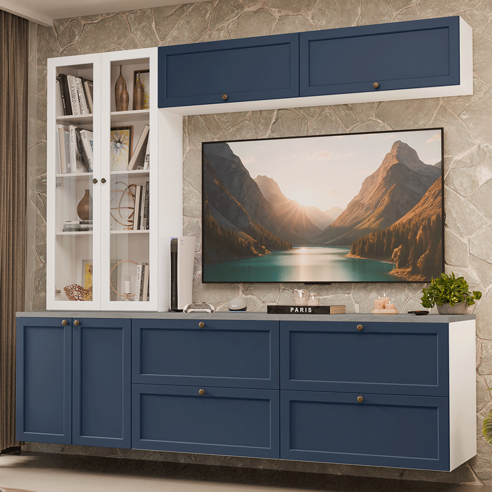 Estante Sala de Estar com Rack + Cristaleira 230cm Branco/Azul/Branco Vik Madesa 01