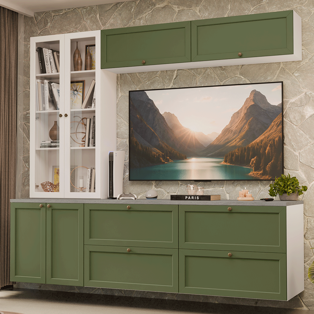 Estante Sala de Estar com Rack + Cristaleira 230cm Branco/Verde/Branco Vik Madesa 01