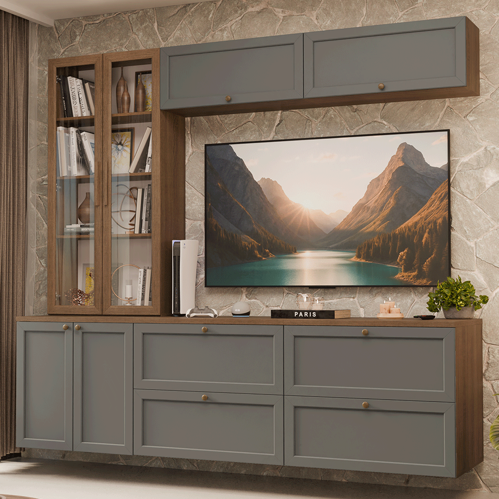 Estante Sala de Estar com Rack + Cristaleira 230cm Rustic/Cinza/Rustic Vik Madesa 02