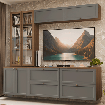 Estante Sala de Estar com Rack + Cristaleira 230cm Rustic/Cinza/Rustic Vik Madesa 02