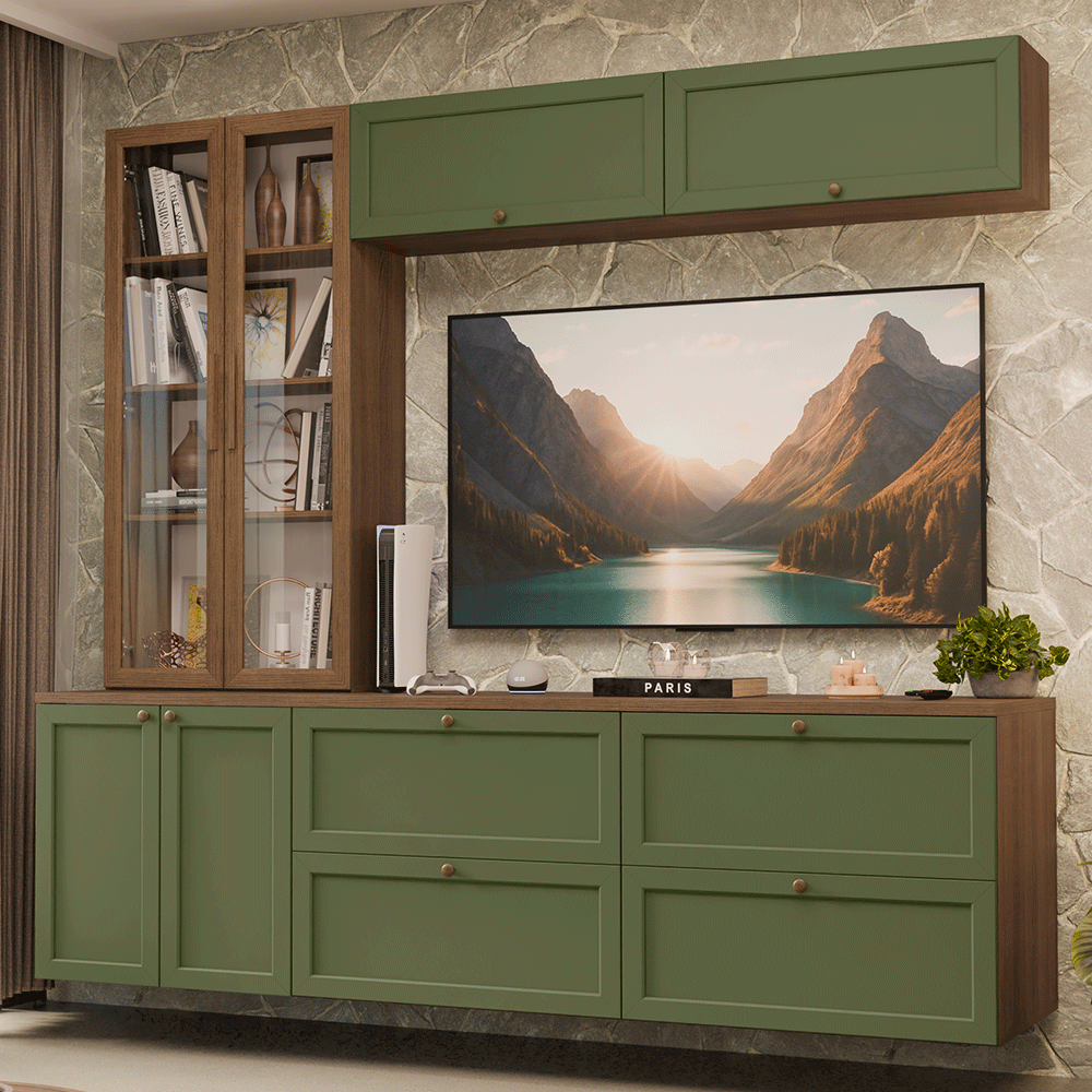 Estante Sala de Estar com Rack + Cristaleira 230cm Rustic/Verde/Rustic Vik Madesa 02
