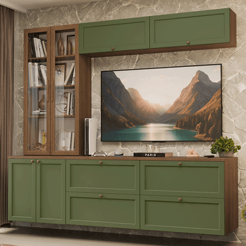Estante Sala de Estar com Rack + Cristaleira 230cm Rustic/Verde/Rustic Vik Madesa 02