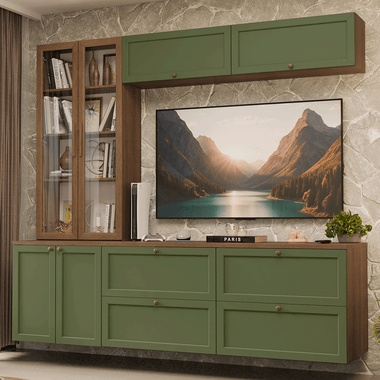 Estante Sala de Estar com Rack + Cristaleira 230cm Rustic/Verde/Rustic Vik Madesa 02