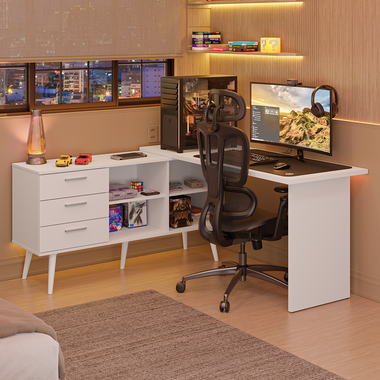 Escrivaninha Em L Mesa Para Computador Gamer 3 Gavetas Branco Lisboa Madesa