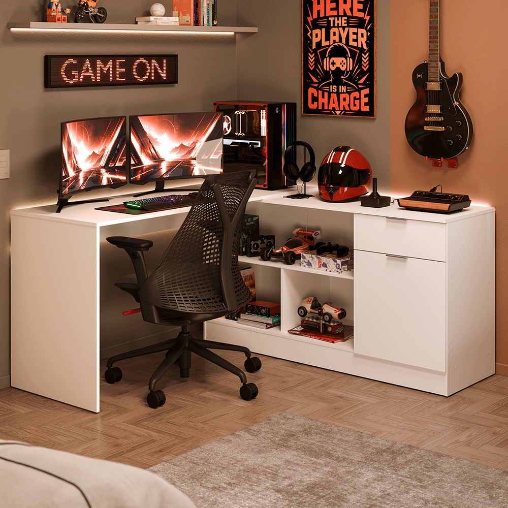 Escrivaninha em L para Computador Gamer Branco Roma Madesa