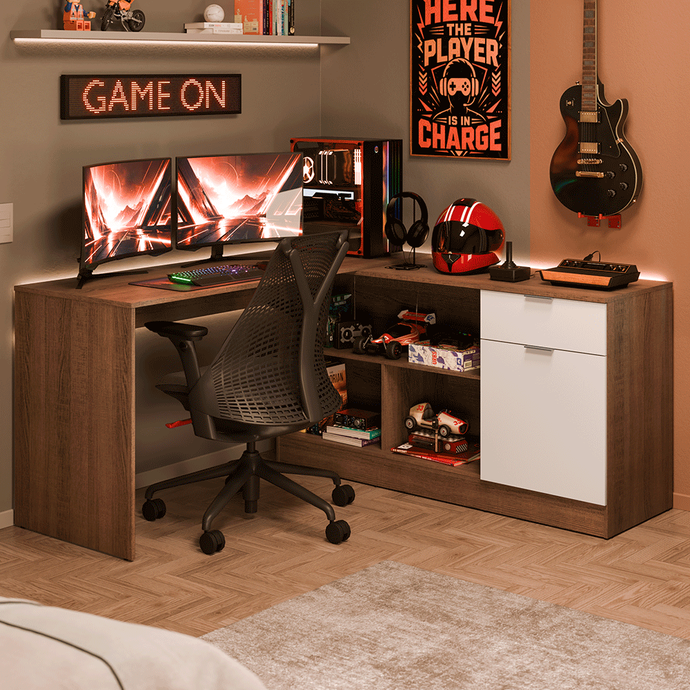 Escrivaninha em L para Computador Gamer Rustic/Branco Roma Madesa