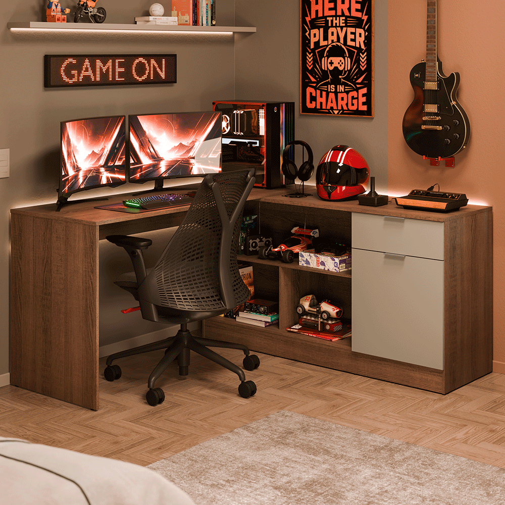 Escrivaninha em L para Computador Gamer Rustic/Crema Roma Madesa