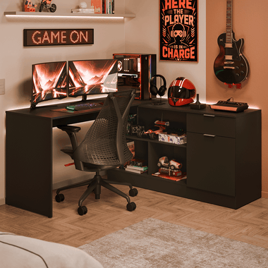 Escrivaninha em L para Computador Gamer Preto Roma Madesa