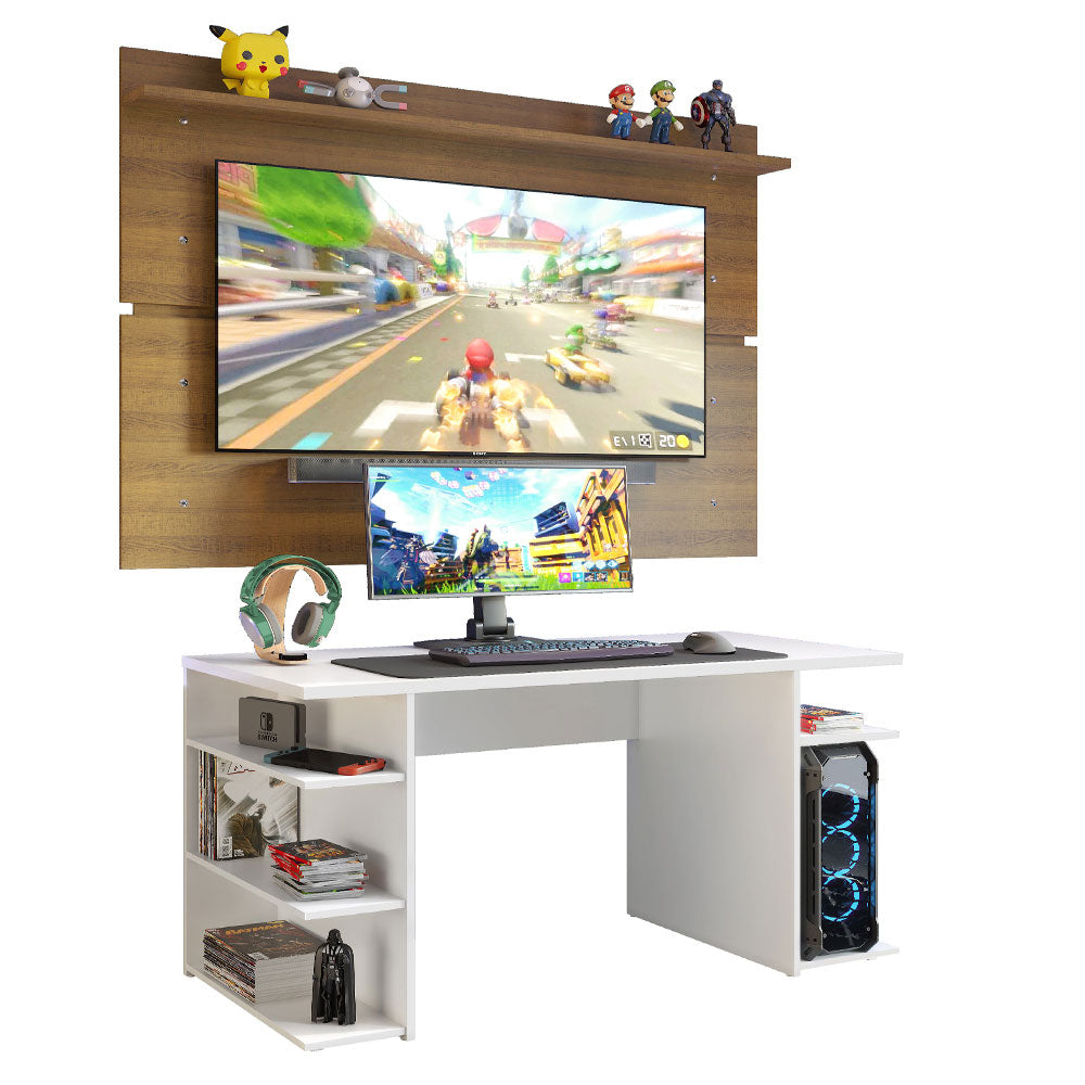 Mesa para Computador Gamer Madesa 9409 e Painel para TV até 65 Polegadas Branco/Rustic