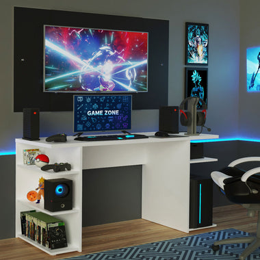 Mesa para Computador Gamer Madesa 9409 e Painel para TV até 58 Polegadas Branco/Preto