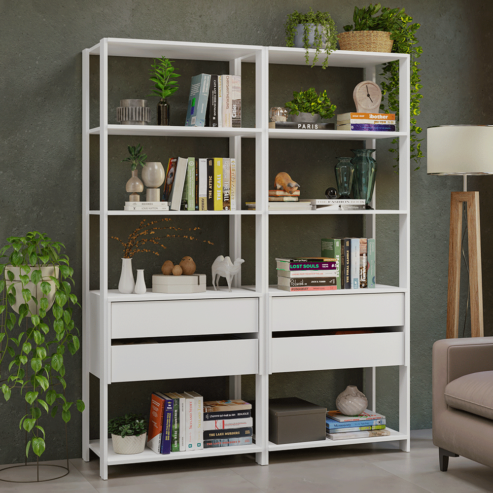 Estante Armário Multiuso para Livros 4 Gavetas 8 Prateleiras 140cm Branco Madesa