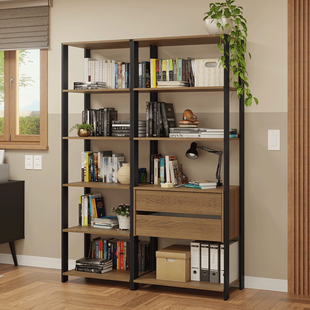 Estante Armário Multiuso para Escritório 129cm 9 Prateleiras 2 Gavetas Rustic/Preto Madesa