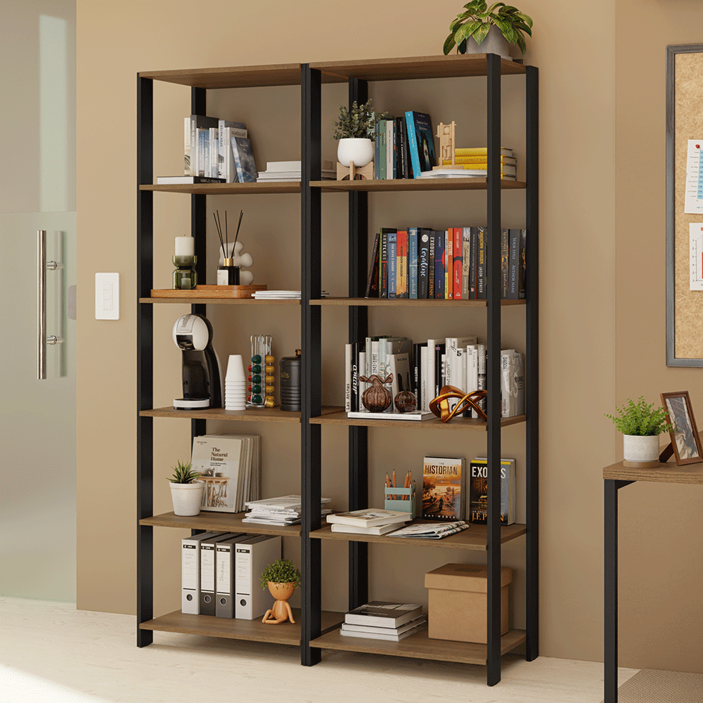 Estante Armário Multiuso para Escritório 118cm 10 Prateleiras Rustic/Preto Madesa