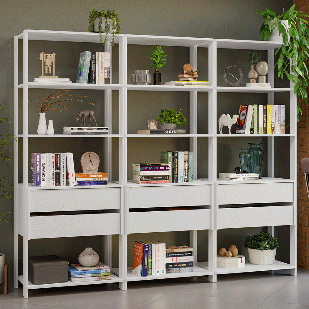 Estante Armário Multiuso para Livros 6 Gavetas 12 Prateleiras 210cm Branco Madesa
