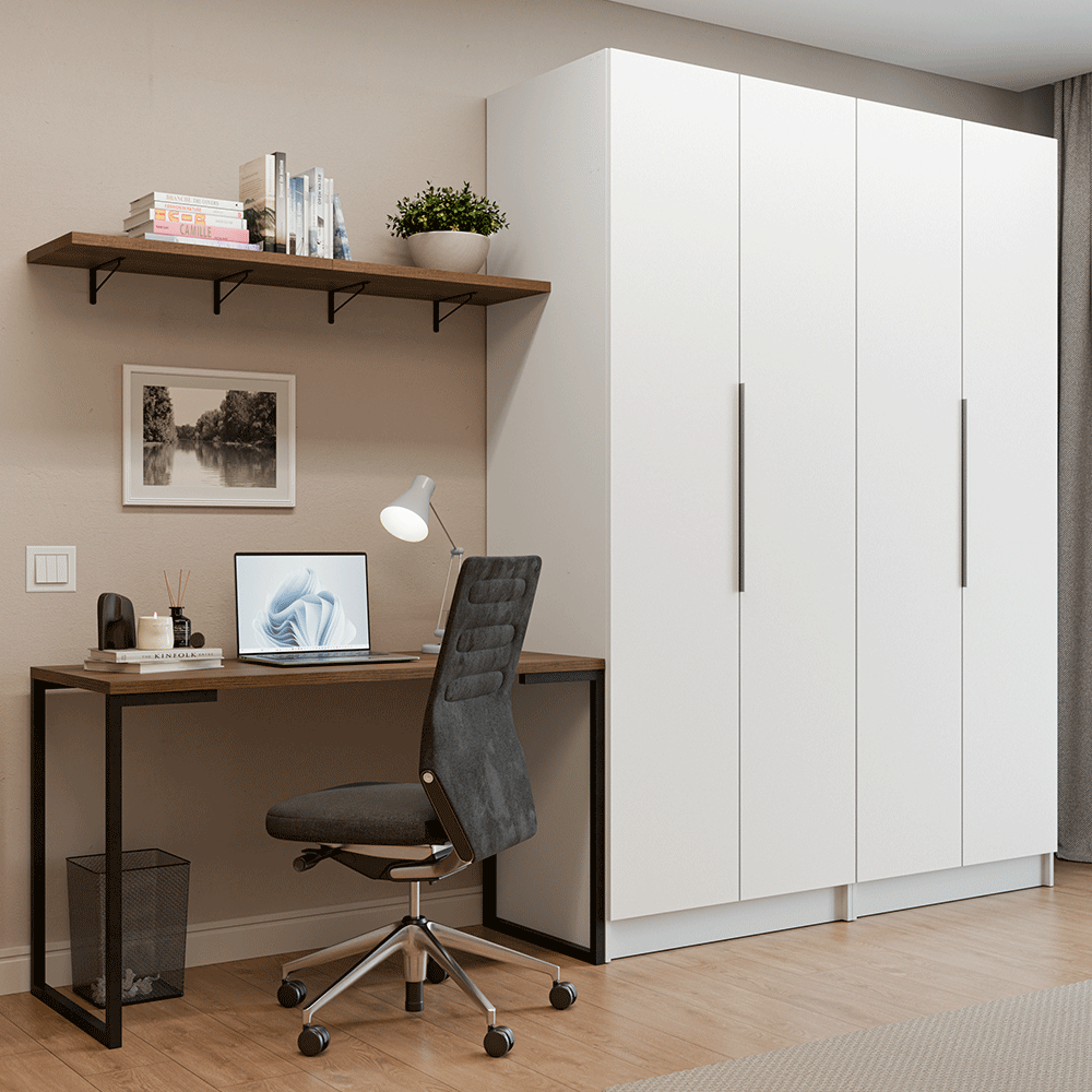 Conjunto Home Office 2 Armários Neo 1 Escrivaninha 2 Prateleiras Branco/Rustic Madesa