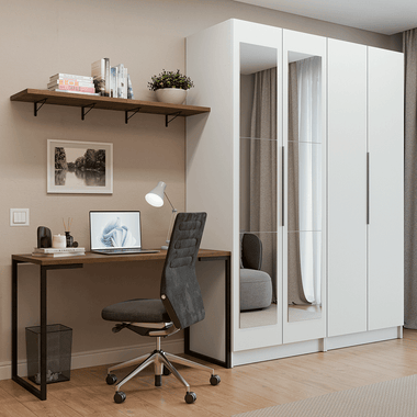 Conjunto Home Office 2 Armários Neo com Espelhos 1 Escrivaninha 2 Prateleiras Branco/Rustic Madesa