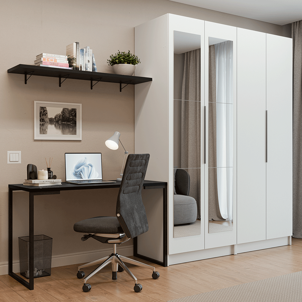 Conjunto Home Office 2 Armários Neo com Espelhos 1 Escrivaninha 2 Prateleiras Branco/Nero Madesa