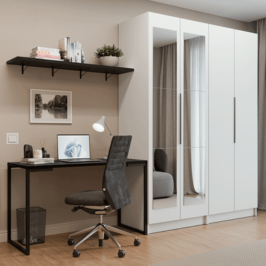 Conjunto Home Office 2 Armários Neo com Espelhos 1 Escrivaninha 2 Prateleiras Branco/Nero Madesa
