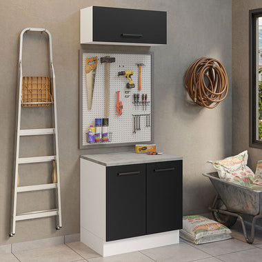 Kit com Balcão e Armário Aéreo Multiuso 80cm Branco/Preto Agata Madesa