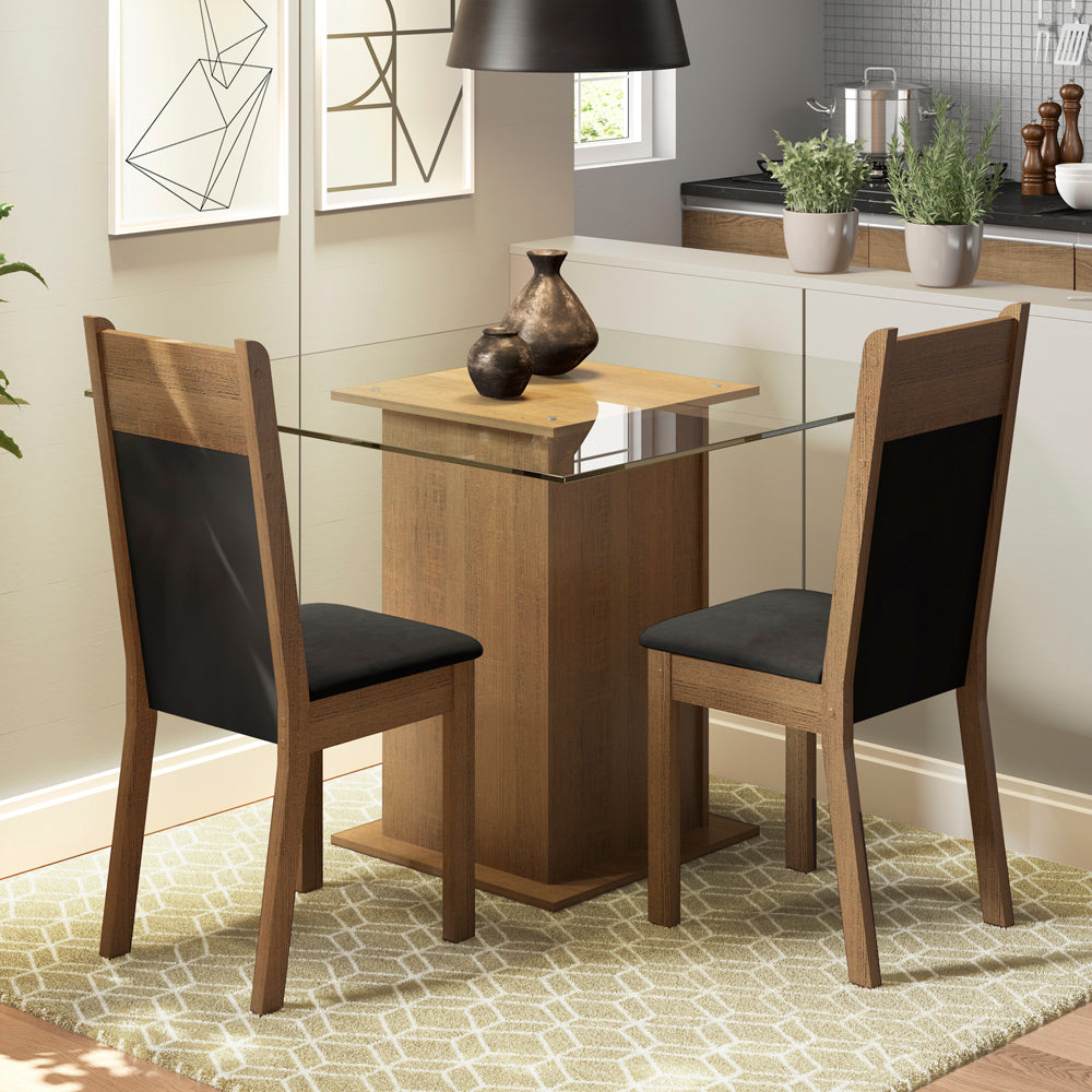 Conjunto Sala de Jantar Madesa Moni Mesa Tampo de Vidro com 2 Cadeiras Rustic/Preto/Sintético Preto