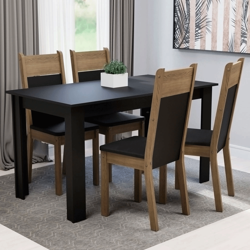 Conjunto Sala de Jantar Mesa Tampo de Madeira com 4 Cadeiras Preto/Rustic Madesa Havana