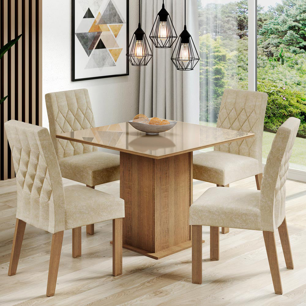 Conjunto Sala de Jantar Mesa Tampo de Vidro com 4 Cadeiras Rustic/Crema/Imperial Madesa Brenda