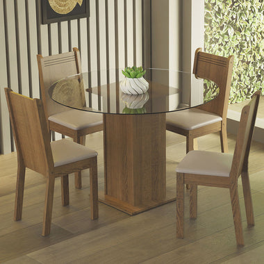 Conjunto Sala de Jantar Madesa Débora Mesa Tampo de Vidro Redondo 4 Cadeiras Rustic/Bege