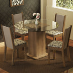 Conjunto Sala de Jantar Madesa Nanda Mesa Tampo Vidro Redondo 4 Cadeiras Rustic/Crema/Bege Marrom