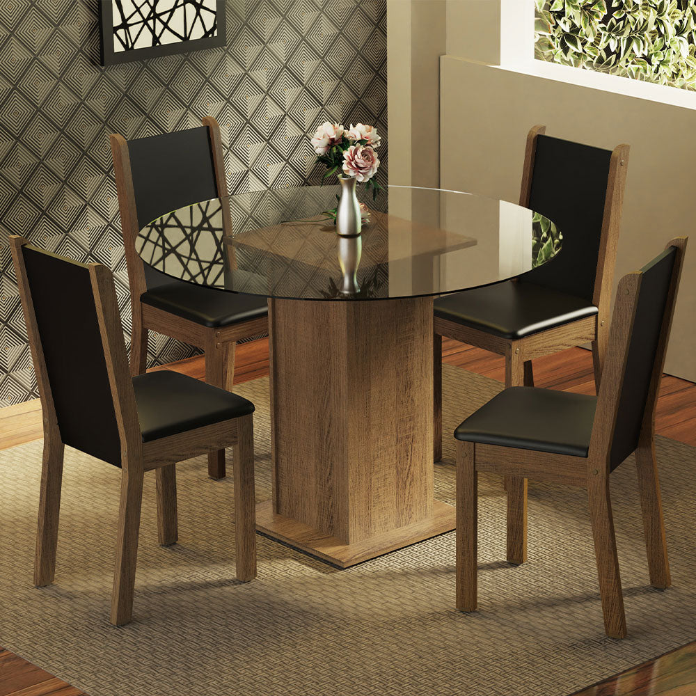 Conjunto Sala de Jantar Madesa Nanda Mesa Tampo de Vidro Redondo 4 Cadeiras Rustic/Preto