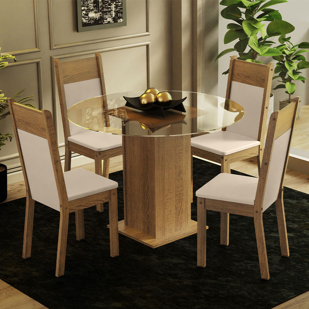 Conjunto Sala de Jantar Madesa Beta Mesa Tampo de Vidro Redondo 4 Cadeiras Rustic/Crema/Bege