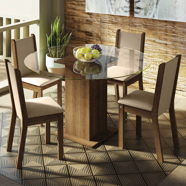 Conjunto Sala de Jantar Madesa Madu Mesa Tampo de Vidro Redondo 4 Cadeiras Rustic/Crema/Bege
