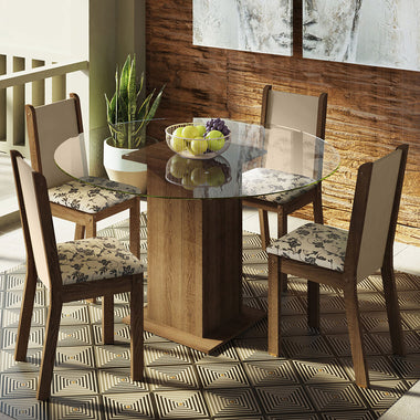 Conjunto Sala de Jantar Madesa Madu Mesa Tampo de Vidro Redondo 4 Cadeiras Rustic/Crema/Bege Marrom
