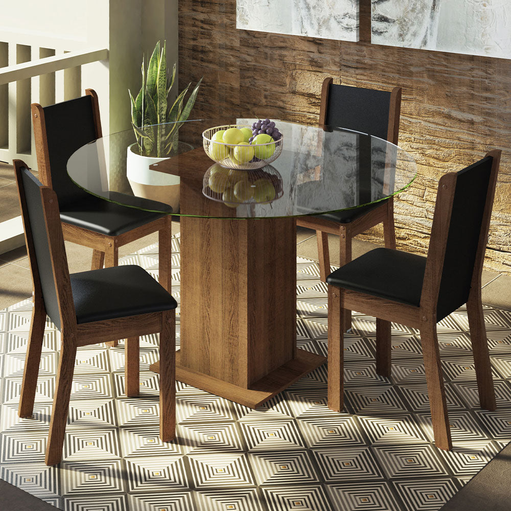 Conjunto Sala de Jantar Madesa Madu Mesa Tampo de Vidro Redondo 4 Cadeiras Rustic/Preto/Preto