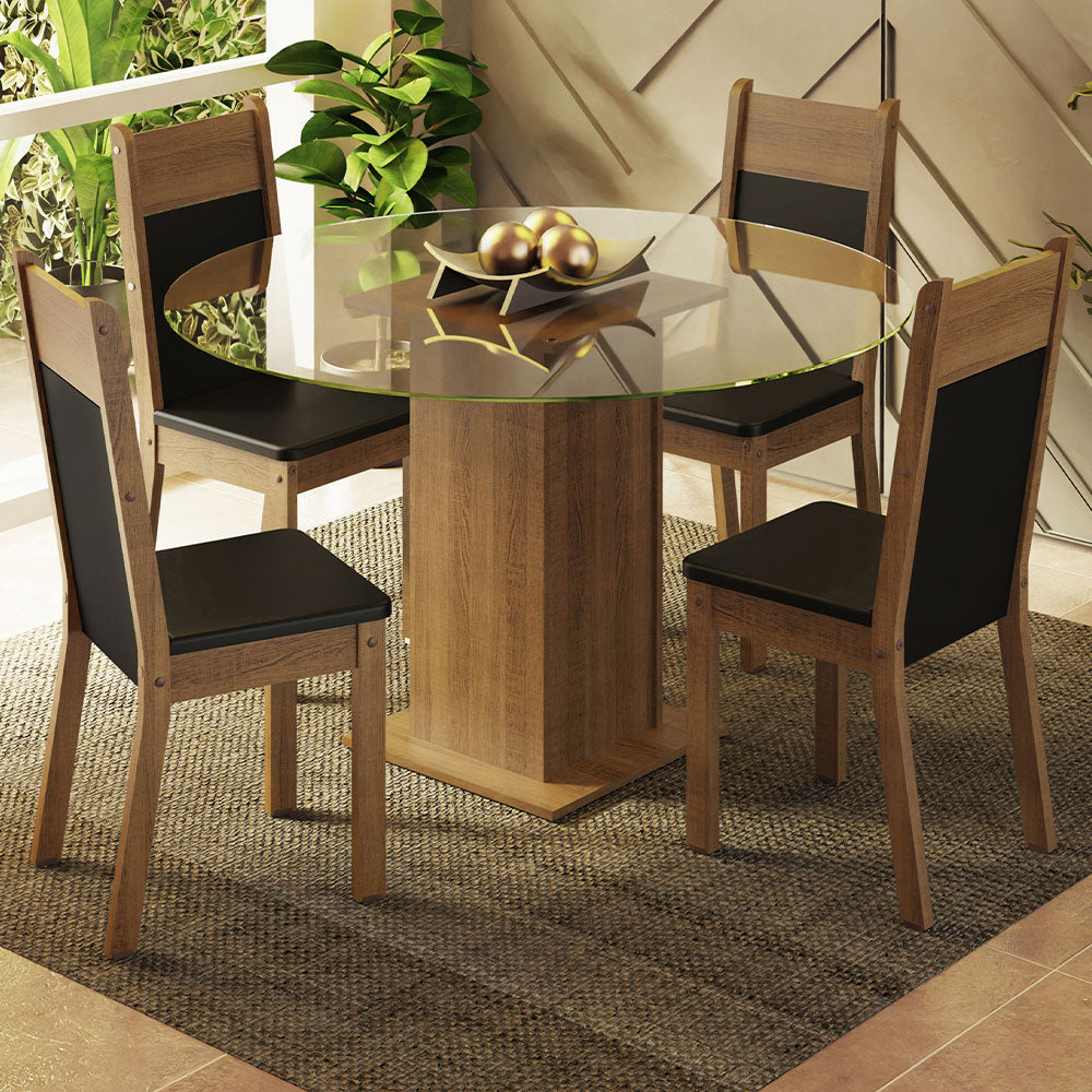 Conjunto Sala de Jantar Madesa Ana Mesa Tampo de Vidro Redondo 4 Cadeiras Rustic/Preto