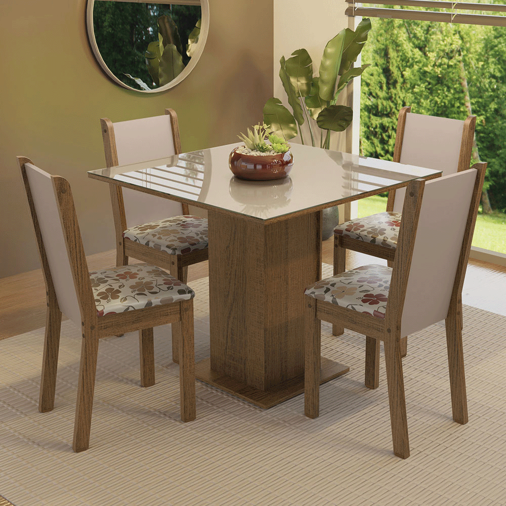 Conjunto Sala de Jantar Mesa Tampo de Vidro 4 Cadeiras Rustic/Crema/Hibiscos Tifani Madesa
