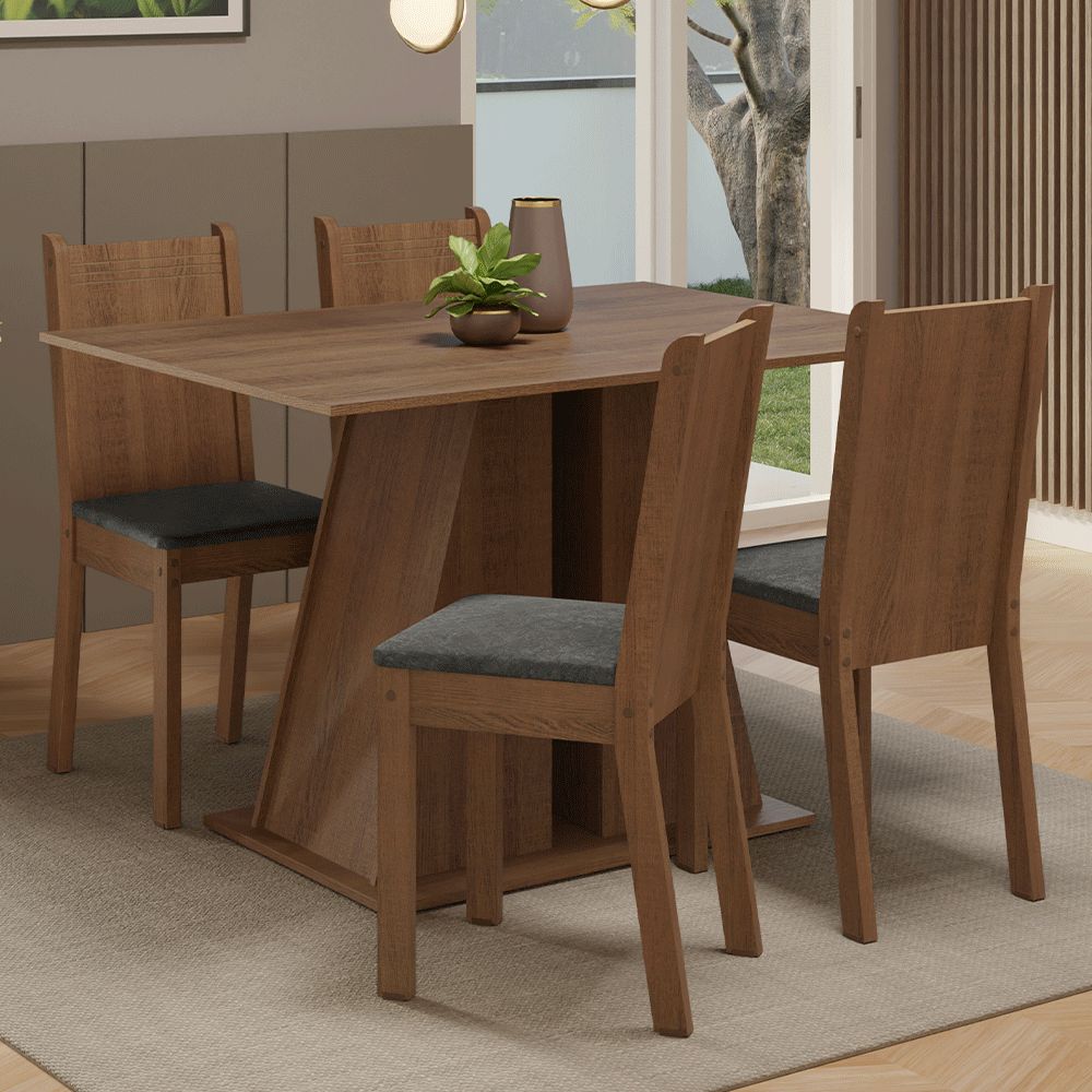 Conjunto Sala de Jantar Mesa Tampo de Madeira 4 Cadeiras Rustic/Silver Marilyn Madesa