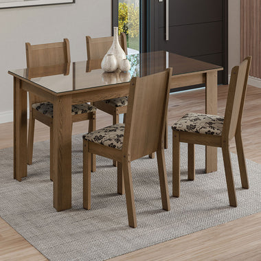 Conjunto Sala de Jantar Mesa Tampo de Vidro 4 Cadeiras Rustic/Bege Marrom Kiara Madesa