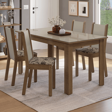 Conjunto Sala de Jantar Magnólia Mesa Tampo de Vidro 4 Cadeiras Rustic/Crema/Bege Marrom Madesa