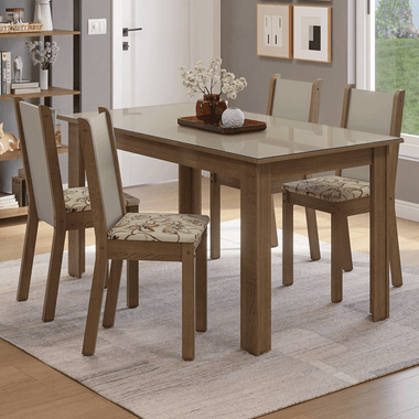 Conjunto Sala de Jantar Magnólia Mesa Tampo de Vidro 4 Cadeiras Rustic/Crema/Lírio Bege Madesa
