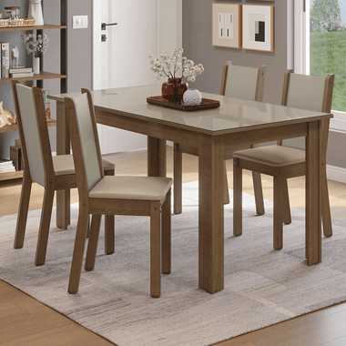 Conjunto Sala de Jantar Magnólia Mesa Tampo de Vidro 4 Cadeiras Rustic/Crema/Sintético Bege Madesa